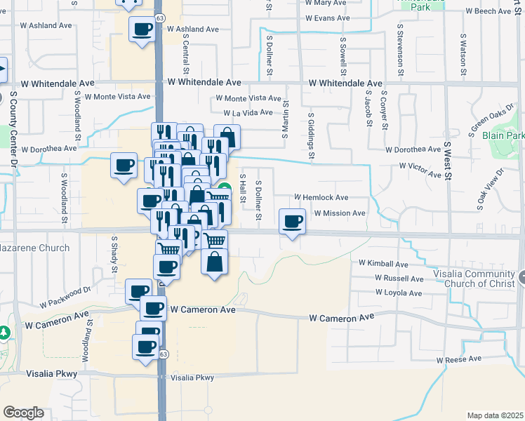 map of restaurants, bars, coffee shops, grocery stores, and more near 3446 South Dollner Street in Visalia
