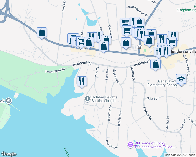 map of restaurants, bars, coffee shops, grocery stores, and more near 251 Rockland Road in Hendersonville