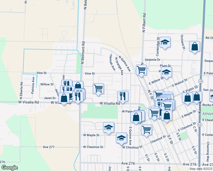 map of restaurants, bars, coffee shops, grocery stores, and more near North Albert Avenue in Exeter