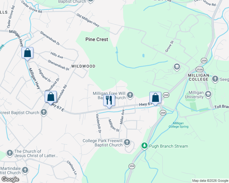 map of restaurants, bars, coffee shops, grocery stores, and more near 125 Unaka View Road in Johnson City