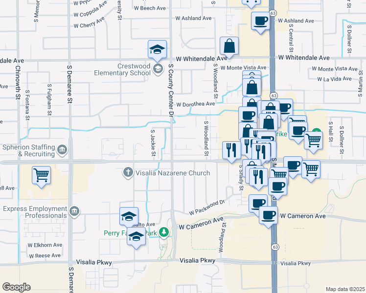 map of restaurants, bars, coffee shops, grocery stores, and more near 2839 West Hemlock Court in Visalia