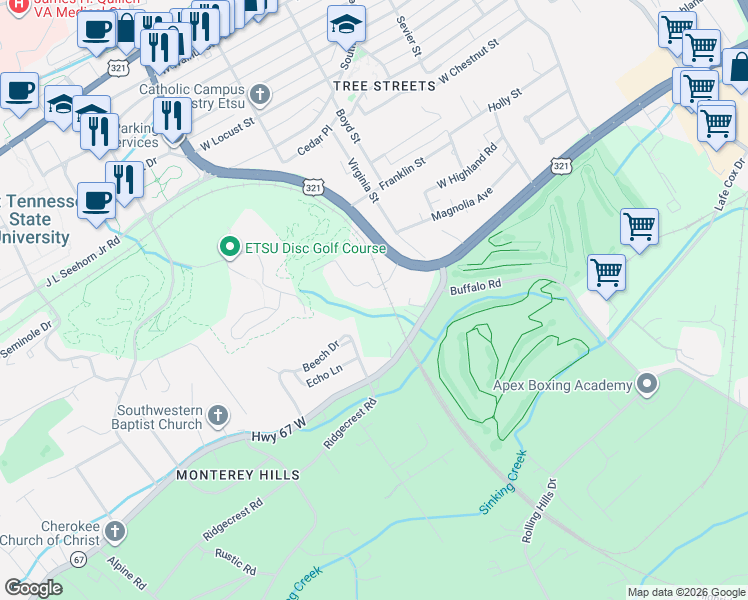 map of restaurants, bars, coffee shops, grocery stores, and more near 715 Magnolia Avenue Extension in Johnson City