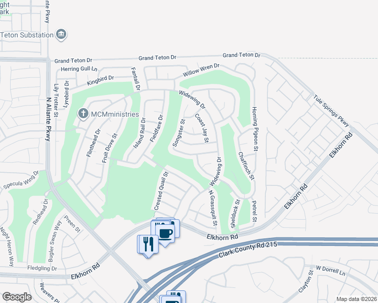 map of restaurants, bars, coffee shops, grocery stores, and more near 2520 Mourning Warbler Avenue in North Las Vegas