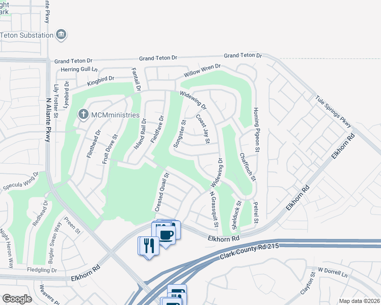 map of restaurants, bars, coffee shops, grocery stores, and more near 2520 Mourning Warbler Avenue in North Las Vegas