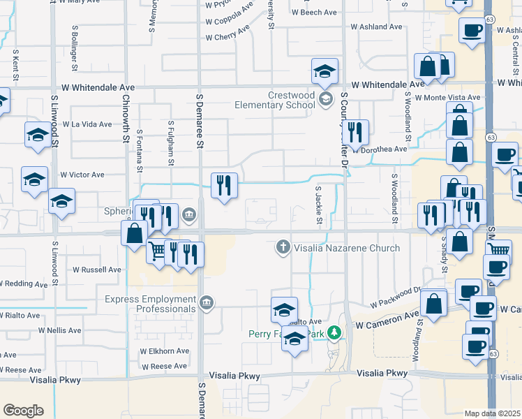 map of restaurants, bars, coffee shops, grocery stores, and more near 3334 West Caldwell Avenue in Visalia