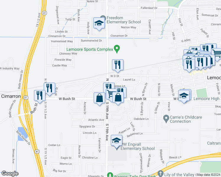 map of restaurants, bars, coffee shops, grocery stores, and more near 175 South 19th Avenue in Lemoore