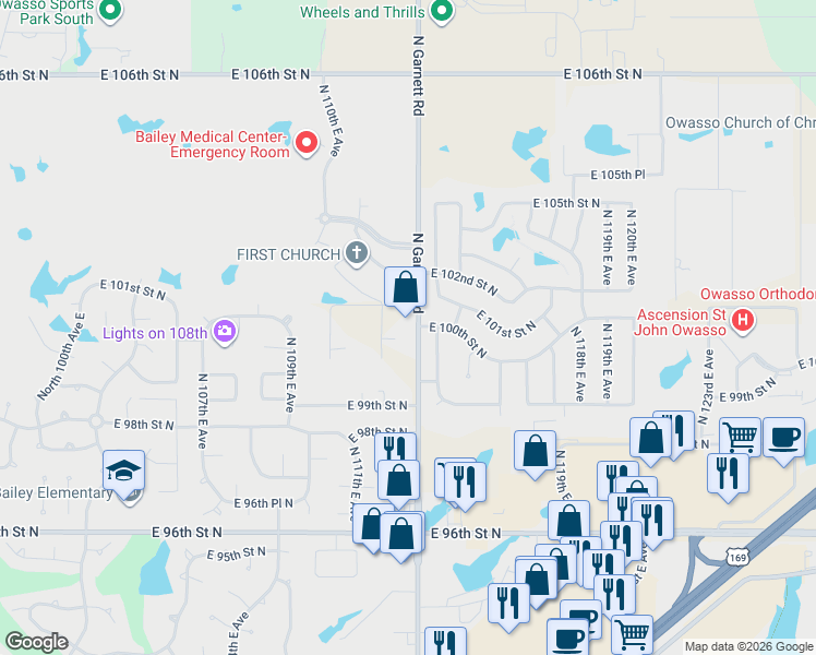 map of restaurants, bars, coffee shops, grocery stores, and more near 10010 North Garnett Road in Owasso