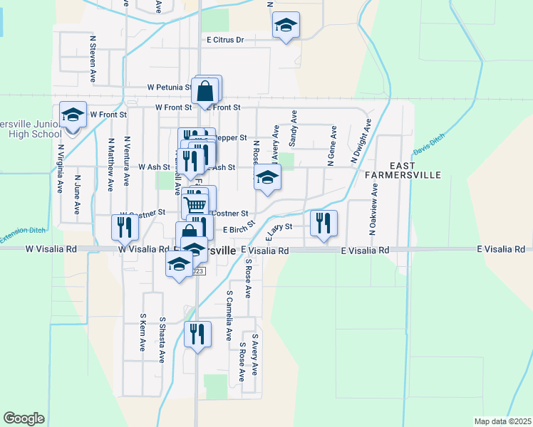 map of restaurants, bars, coffee shops, grocery stores, and more near 363 North Rose Avenue in Farmersville