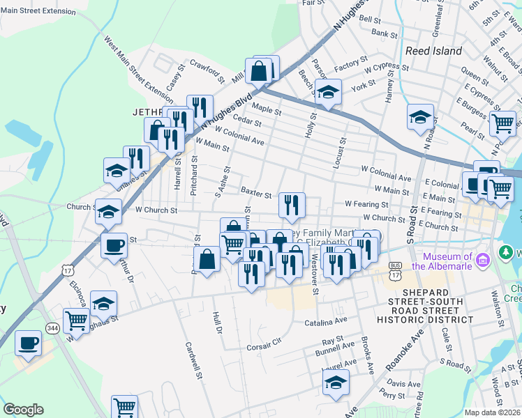 map of restaurants, bars, coffee shops, grocery stores, and more near 905 Baxter Street in Elizabeth City