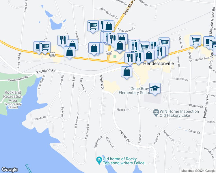map of restaurants, bars, coffee shops, grocery stores, and more near 100 Riviera Drive in Hendersonville