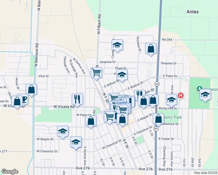 map of restaurants, bars, coffee shops, grocery stores, and more near 348 North E Street in Exeter
