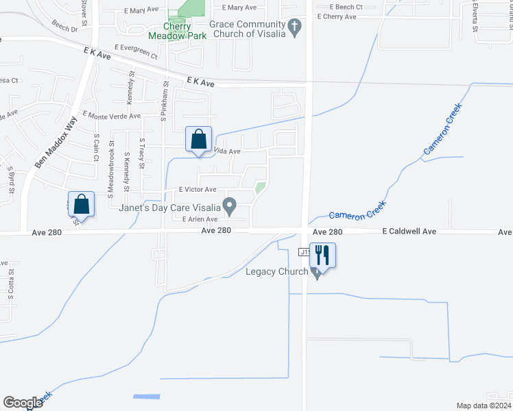 map of restaurants, bars, coffee shops, grocery stores, and more near 3422 Villa Street in Visalia