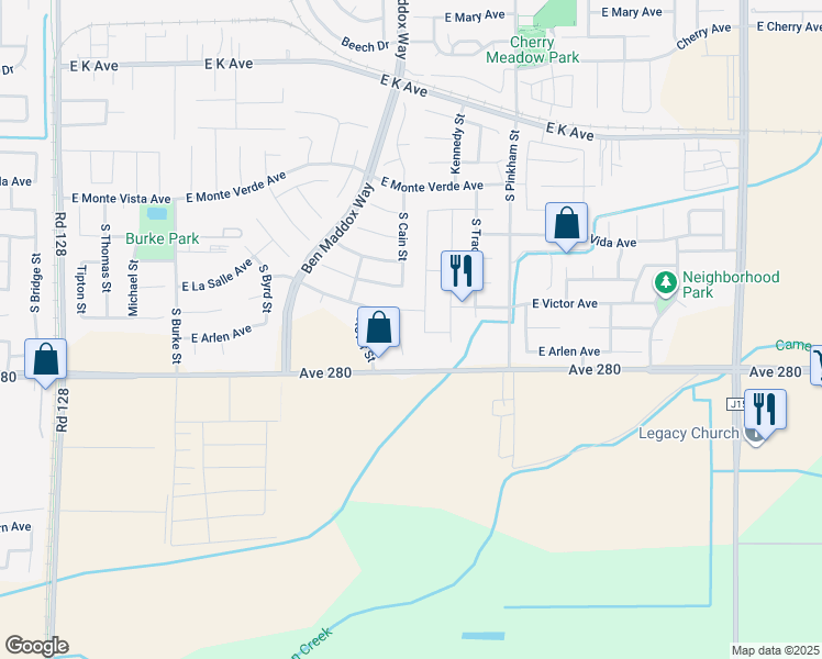 map of restaurants, bars, coffee shops, grocery stores, and more near 1647 East Dorothea Avenue in Visalia