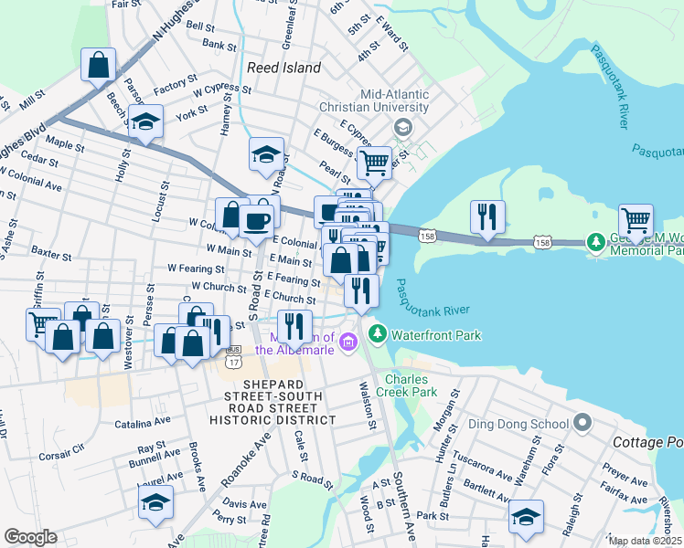 map of restaurants, bars, coffee shops, grocery stores, and more near in Elizabeth City