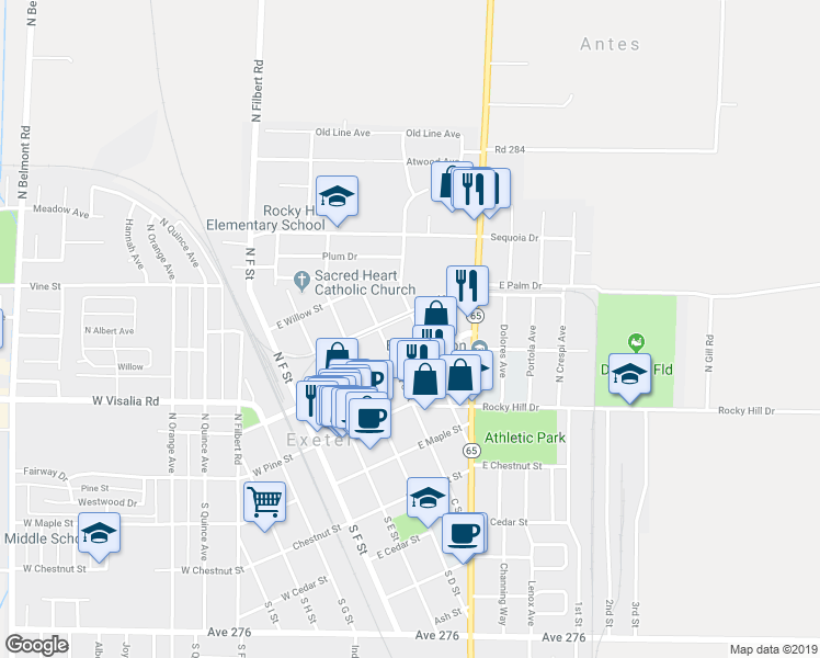 map of restaurants, bars, coffee shops, grocery stores, and more near 242 North B Street in Exeter