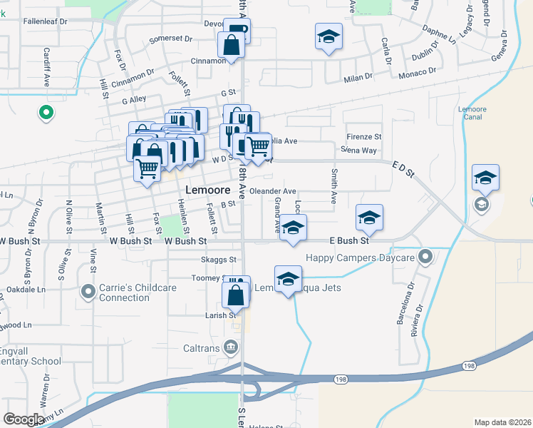 map of restaurants, bars, coffee shops, grocery stores, and more near 126 Powell Avenue in Lemoore