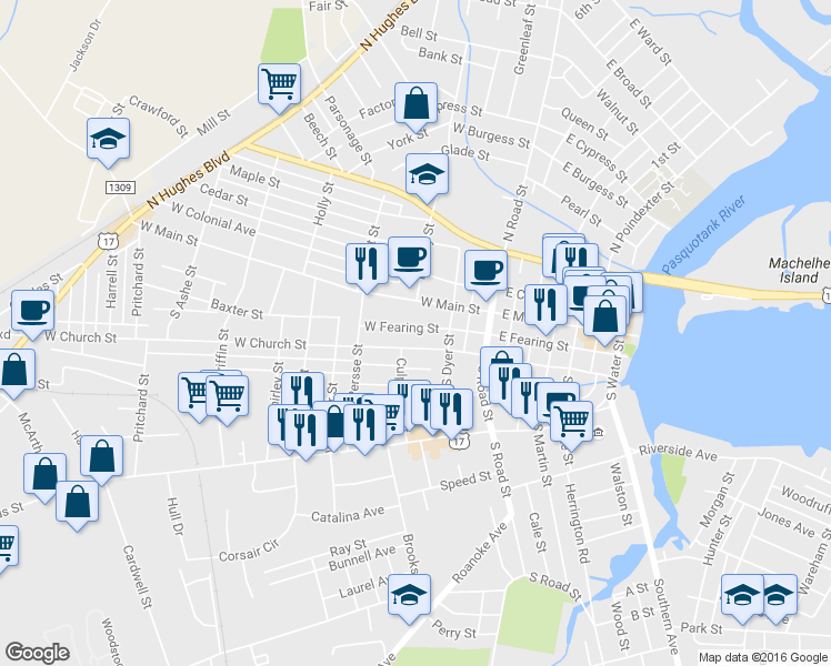 map of restaurants, bars, coffee shops, grocery stores, and more near 316 West Fearing Street in Elizabeth City