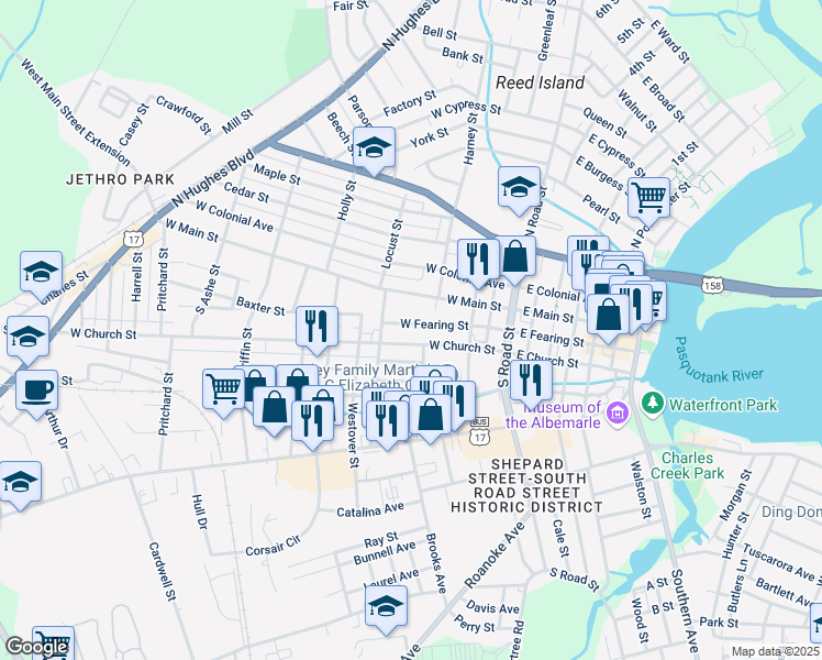 map of restaurants, bars, coffee shops, grocery stores, and more near 316 West Fearing Street in Elizabeth City