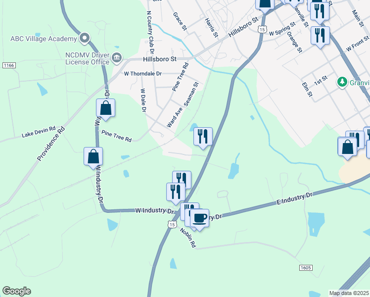 map of restaurants, bars, coffee shops, grocery stores, and more near 4536 US Highway 158 in Oxford