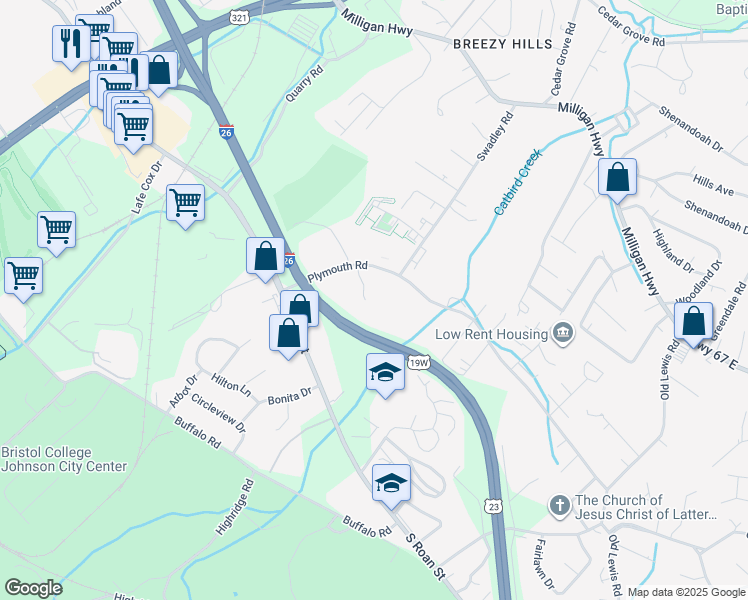 map of restaurants, bars, coffee shops, grocery stores, and more near 2560 Plymouth Road in Johnson City