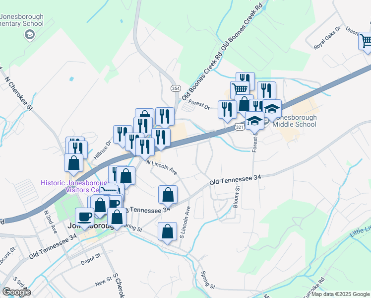 map of restaurants, bars, coffee shops, grocery stores, and more near 309 Jefferson Drive in Jonesborough