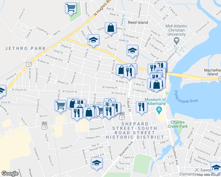map of restaurants, bars, coffee shops, grocery stores, and more near 315 West Fearing Street in Elizabeth City
