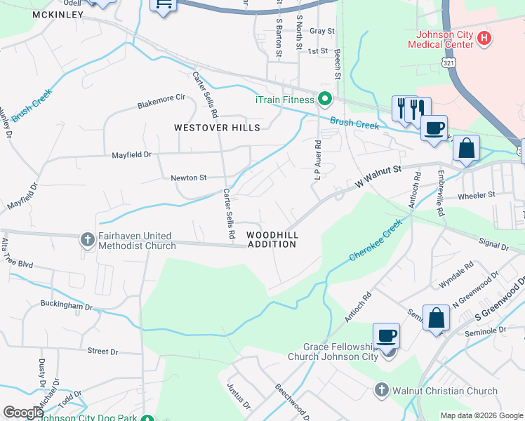 map of restaurants, bars, coffee shops, grocery stores, and more near 2832 West Walnut Street in Johnson City