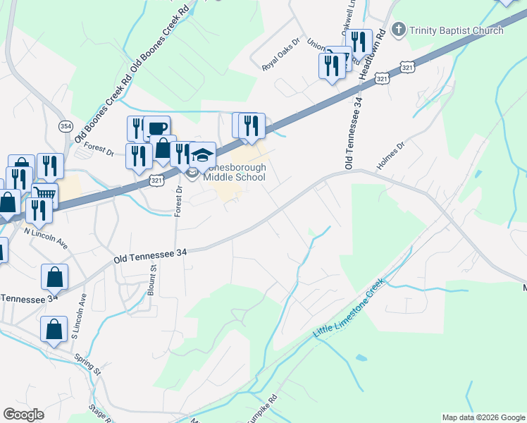 map of restaurants, bars, coffee shops, grocery stores, and more near 615 East Main Street in Jonesborough