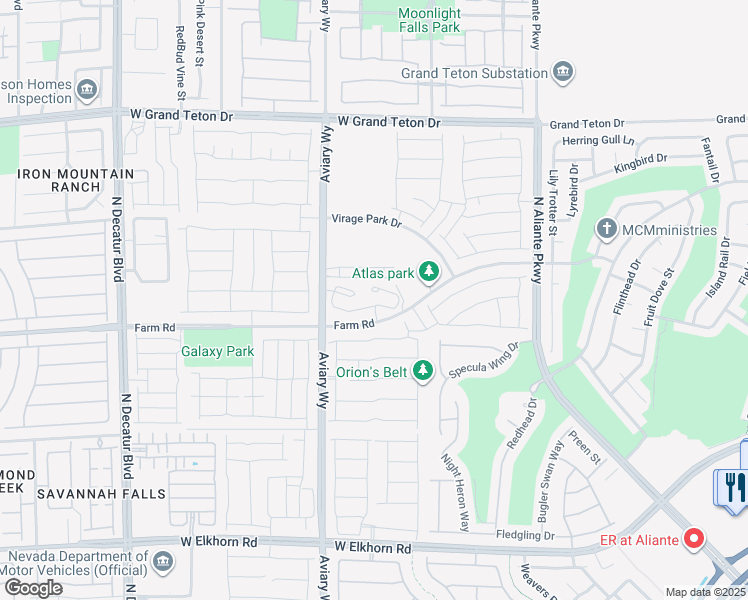 map of restaurants, bars, coffee shops, grocery stores, and more near 4190 Farm Road in North Las Vegas