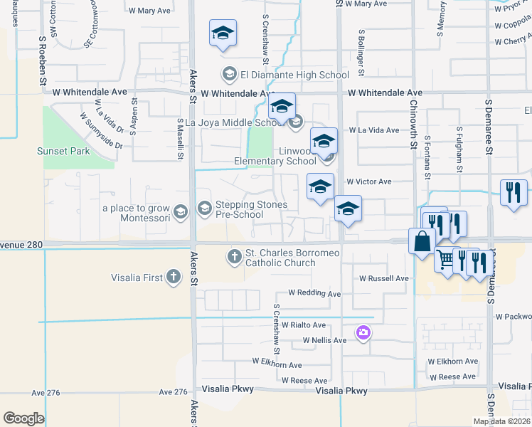 map of restaurants, bars, coffee shops, grocery stores, and more near 4829 West Hemlock Avenue in Visalia