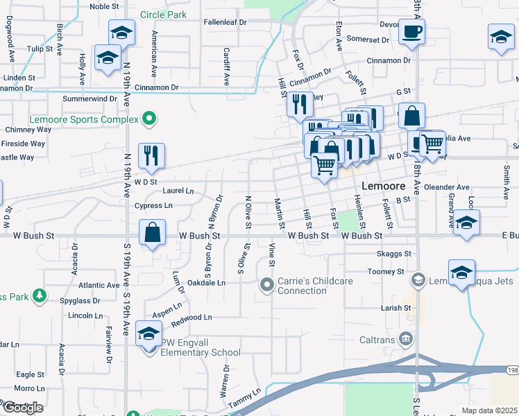 map of restaurants, bars, coffee shops, grocery stores, and more near 645 C Street in Lemoore