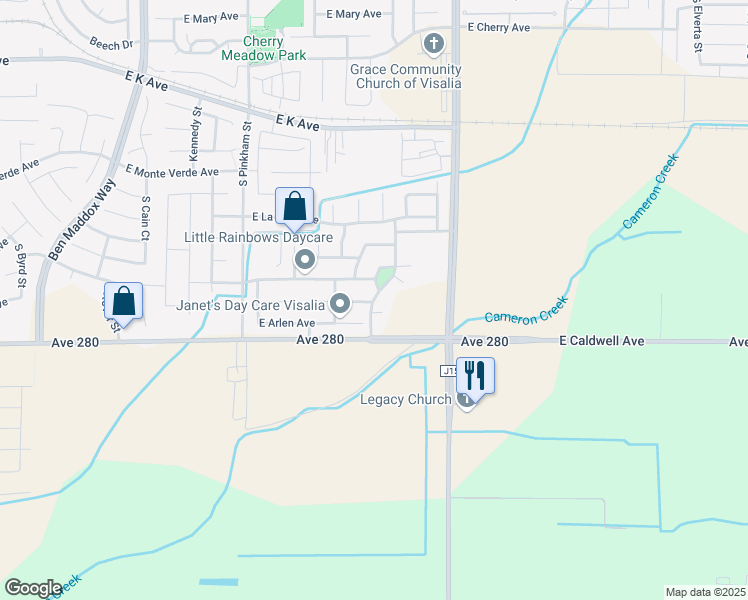 map of restaurants, bars, coffee shops, grocery stores, and more near 3500 Villa Street in Visalia