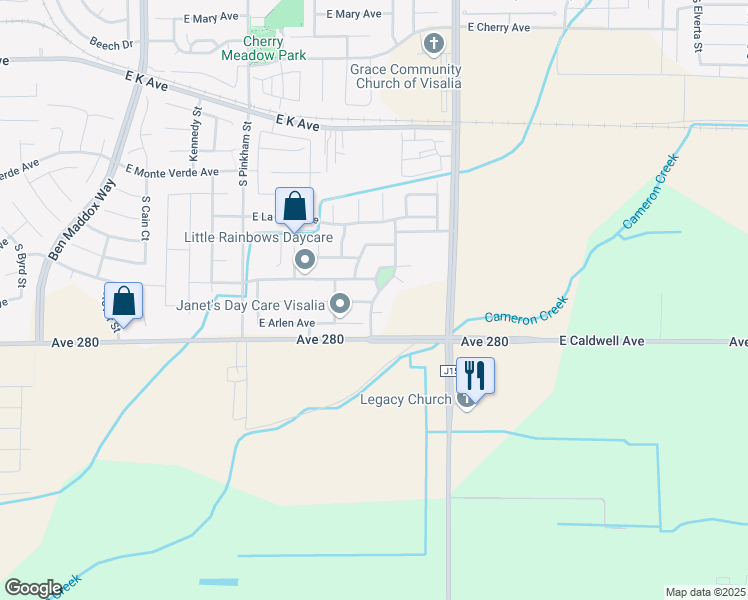 map of restaurants, bars, coffee shops, grocery stores, and more near 3336 Villa Street in Visalia