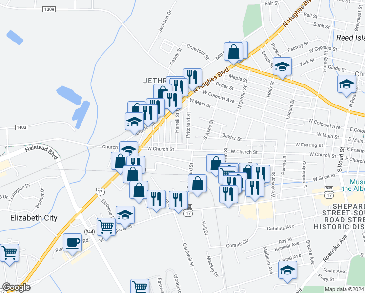 map of restaurants, bars, coffee shops, grocery stores, and more near 1202 West Church Street in Elizabeth City