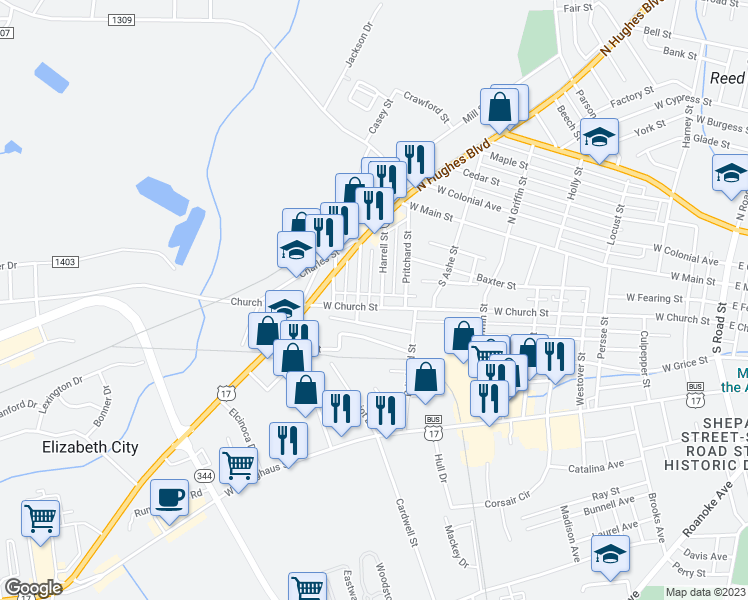map of restaurants, bars, coffee shops, grocery stores, and more near 1212 West Church Street in Elizabeth City