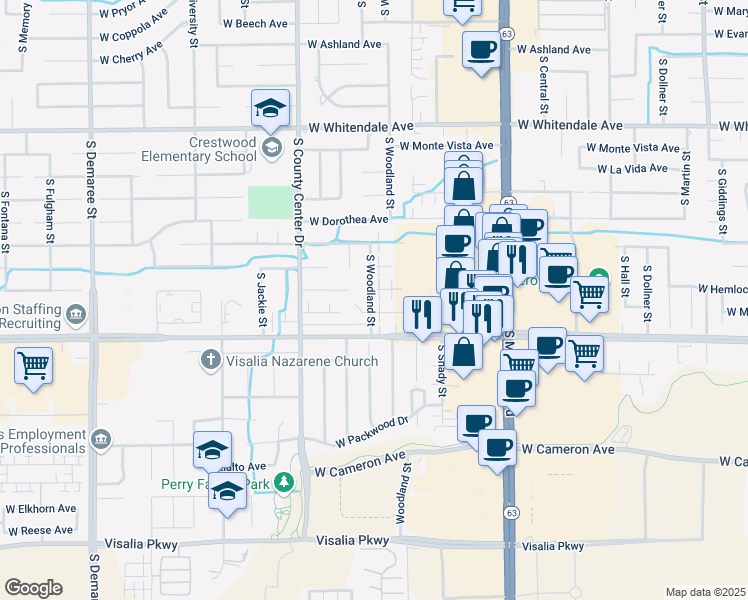 map of restaurants, bars, coffee shops, grocery stores, and more near 2531 West Hemlock Court in Visalia