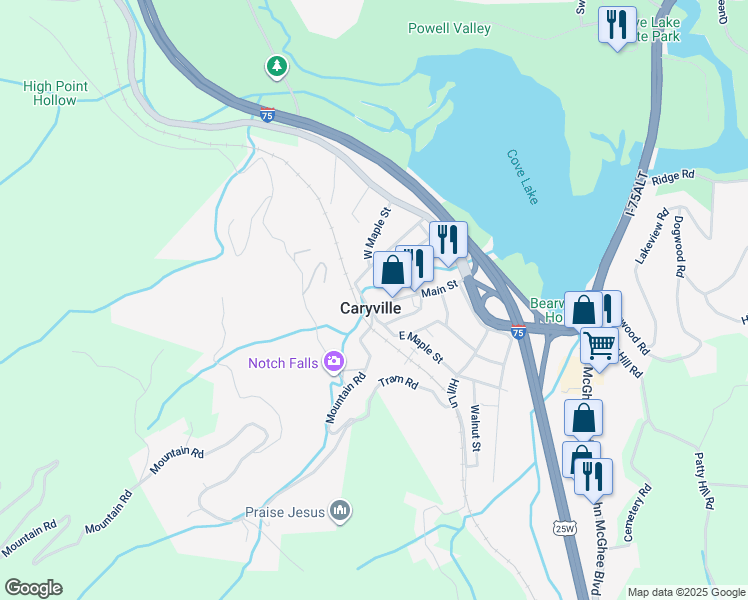 map of restaurants, bars, coffee shops, grocery stores, and more near in Caryville