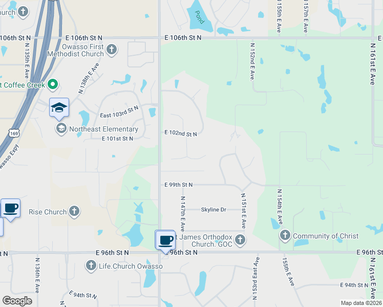map of restaurants, bars, coffee shops, grocery stores, and more near 10101 North 147th Avenue East in Owasso