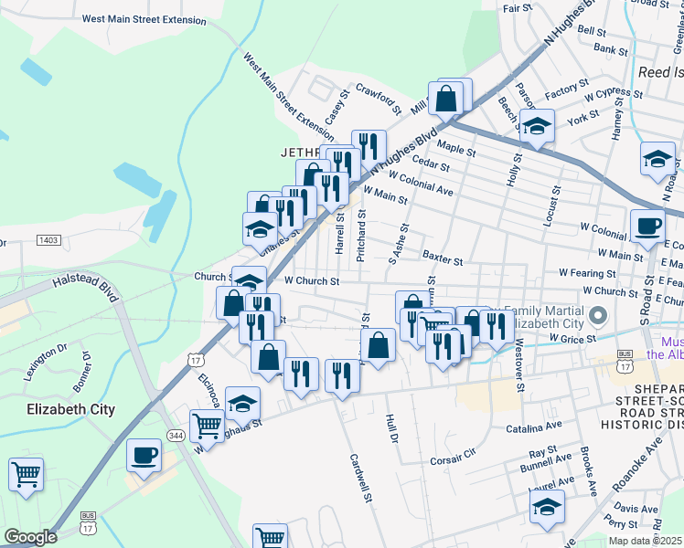 map of restaurants, bars, coffee shops, grocery stores, and more near 1206 West Church Street in Elizabeth City