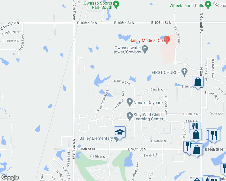 map of restaurants, bars, coffee shops, grocery stores, and more near 10006 North 101st East Avenue in Owasso