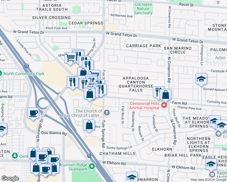 map of restaurants, bars, coffee shops, grocery stores, and more near 8316 Valley Stream Avenue in Las Vegas