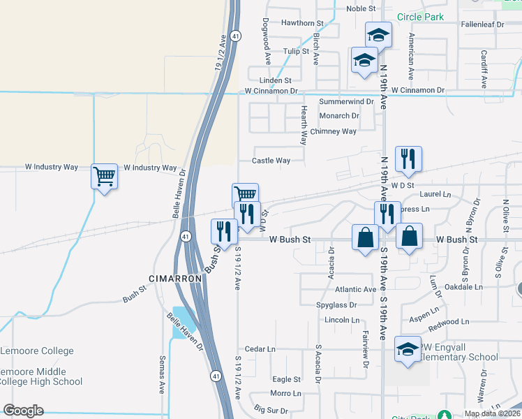 map of restaurants, bars, coffee shops, grocery stores, and more near 1700 West D Street in Lemoore