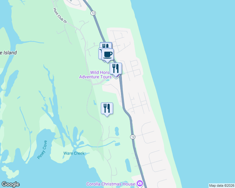 map of restaurants, bars, coffee shops, grocery stores, and more near 626 Cottage Lane in Corolla