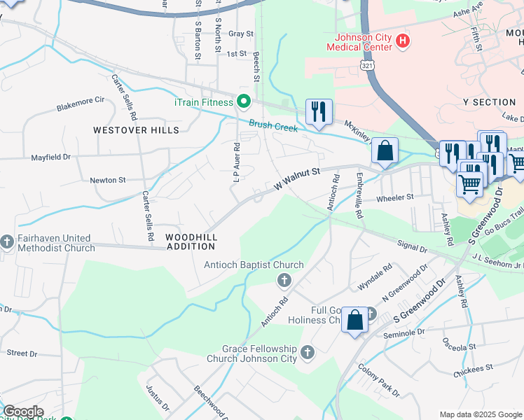 map of restaurants, bars, coffee shops, grocery stores, and more near 2809 West Walnut Street in Johnson City