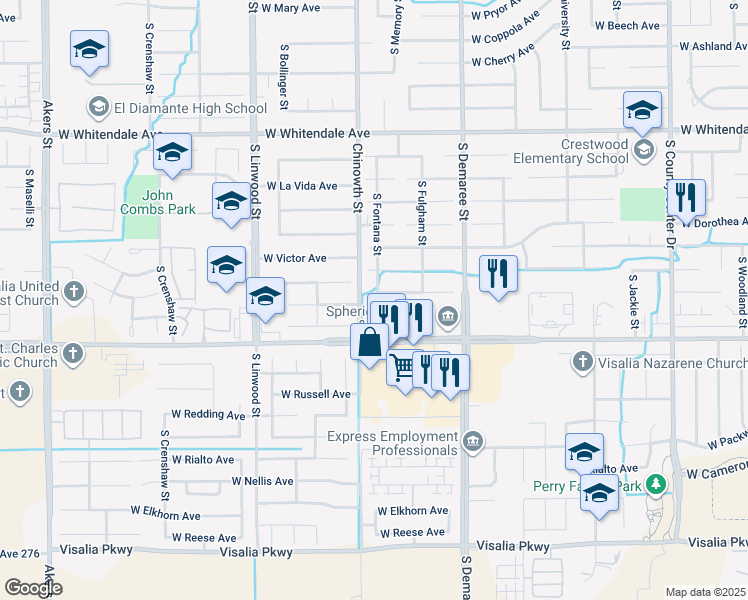 map of restaurants, bars, coffee shops, grocery stores, and more near 4025 West Hemlock Court in Visalia