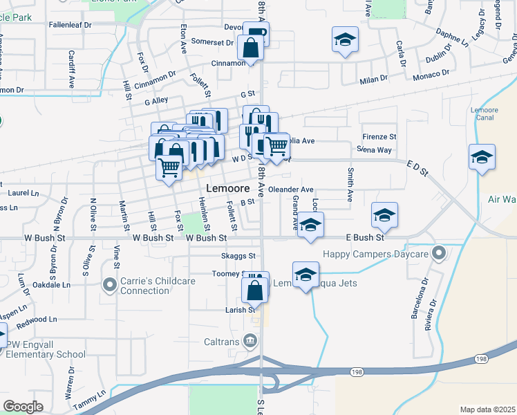 map of restaurants, bars, coffee shops, grocery stores, and more near 77 18th Avenue in Lemoore