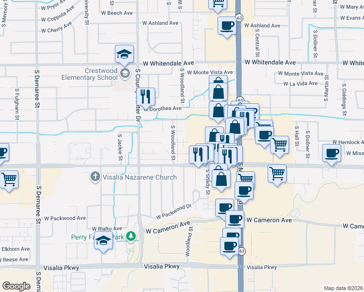 map of restaurants, bars, coffee shops, grocery stores, and more near 2515 West Hemlock Court in Visalia