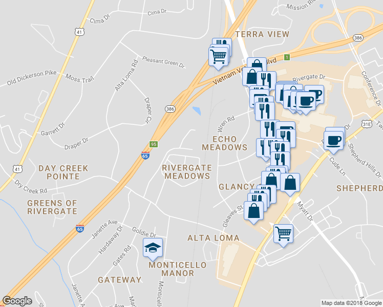 map of restaurants, bars, coffee shops, grocery stores, and more near 142 Cobblestone Place Drive in Goodlettsville
