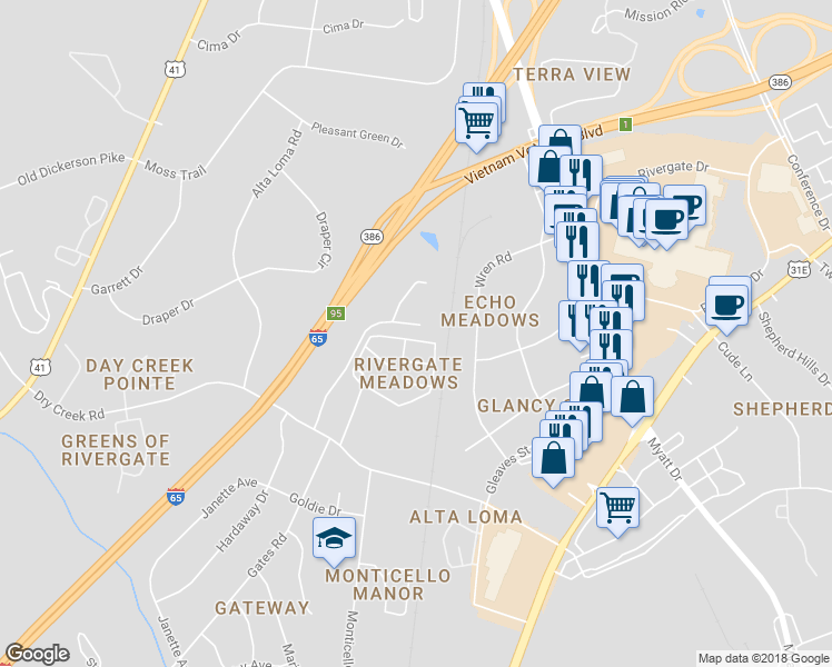 map of restaurants, bars, coffee shops, grocery stores, and more near 140 Cobblestone Place Drive in Goodlettsville