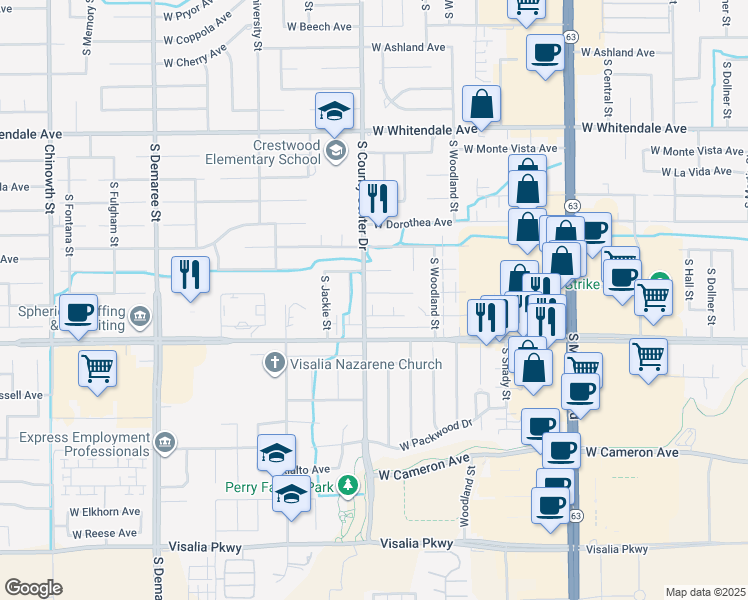 map of restaurants, bars, coffee shops, grocery stores, and more near 2839 West Hemlock Court in Visalia